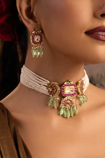 Shop_Swabhimann_Multi Color Jadau Polki Embellished Choker Set _Online_at_Aza_Fashions