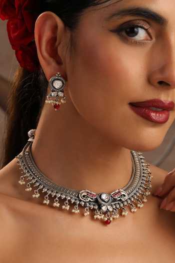 Buy_Swabhimann_Red Polki Hasli Necklace Set _Online_at_Aza_Fashions