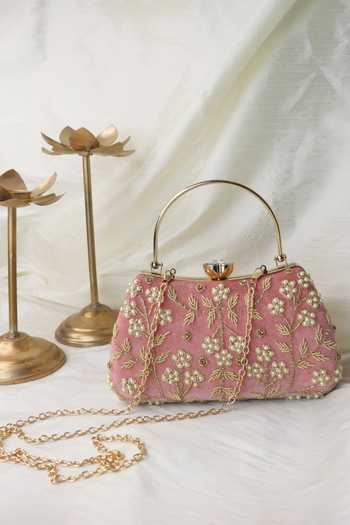 Shop Soho Boho Studio By Aarti Thakur Pink Hand Embroidered Floral Velvet Clutch Online at Aza Fashions Shop_Soho Boho Studio By Aarti Thakur_Pink Hand Embroidered Floral Velvet Clutch _Online_at_Aza_Fashions