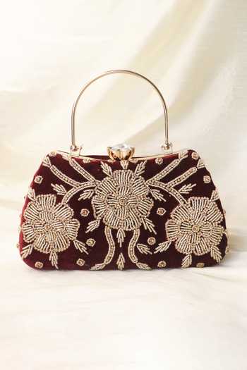 Soho Boho Studio By Aarti Thakur_Maroon Hand Embroidered Beaded Velvet Clutch _Online_at_Aza_Fashions