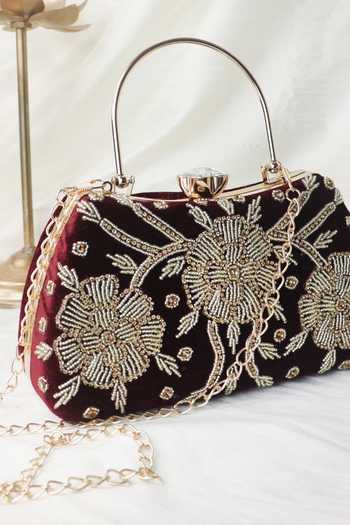 Buy_Soho Boho Studio By Aarti Thakur_Maroon Hand Embroidered Beaded Velvet Clutch _Online_at_Aza_Fashions