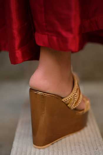 Miraki_Gold Embroidered Strap Handwork Wedges _Online_at_Aza_Fashions