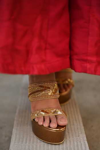 Buy_Miraki_Gold Embroidered Strap Handwork Wedges _Online_at_Aza_Fashions