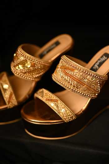 Miraki_Gold Embroidered Strap Handwork Wedges _at_Aza_Fashions