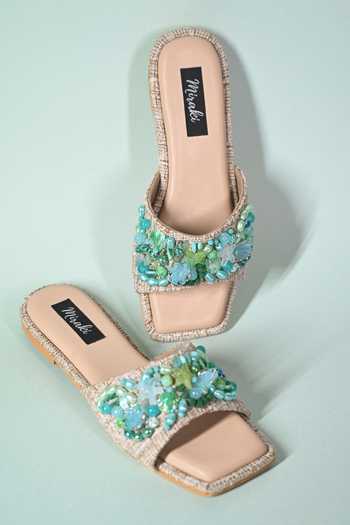 Shop Miraki Blue Sea Shell And Bead Embellished Flats Online at Aza Fashions Shop_Miraki_Blue Sea Shell And Bead Embellished Flats _Online_at_Aza_Fashions