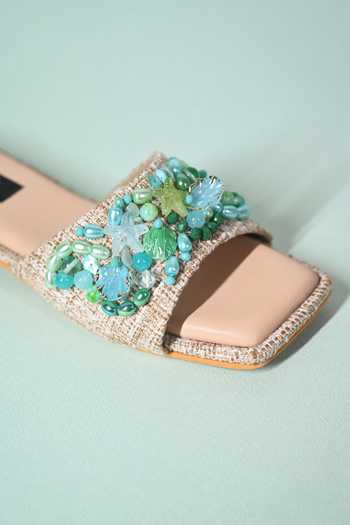 Miraki Blue Sea Shell And Bead Embellished Flats at Aza Fashions Miraki_Blue Sea Shell And Bead Embellished Flats _at_Aza_Fashions