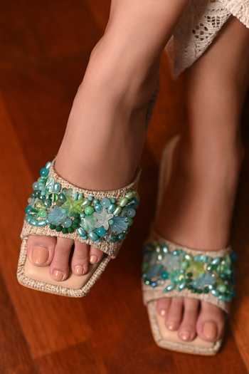 Buy Miraki Blue Sea Shell And Bead Embellished Flats Buy_Miraki_Blue Sea Shell And Bead Embellished Flats