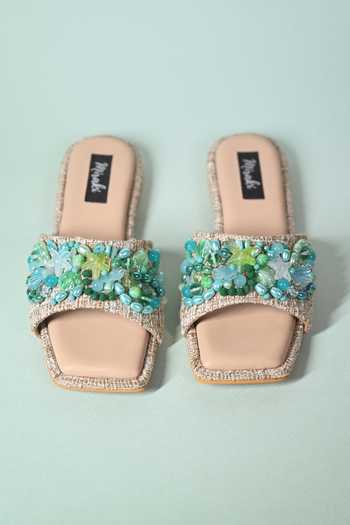 Shop Miraki Blue Sea Shell And Bead Embellished Flats Shop_Miraki_Blue Sea Shell And Bead Embellished Flats