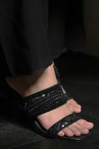 Miraki_Black Bronze Dual Strap Handwork Wedges _at_Aza_Fashions