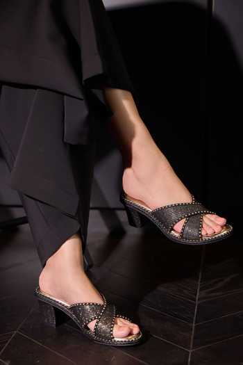 Miraki Noir Studded Cross Strap Mules 