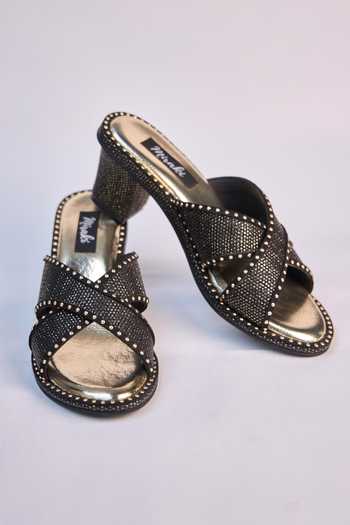 Miraki Noir Studded Cross Strap Mules 