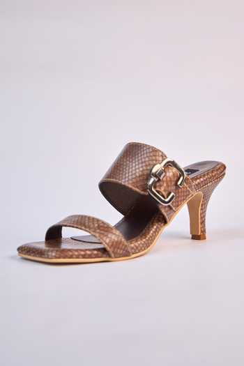 Buy_Miraki_Brown Textured Buckle Heels _Online_at_Aza_Fashions