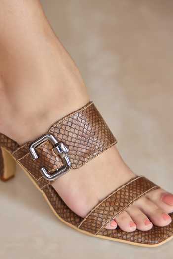 Miraki_Brown Textured Buckle Heels _at_Aza_Fashions