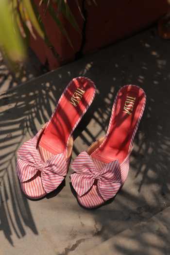 Tiesta Blush Striped Bow Strap Block Heels 