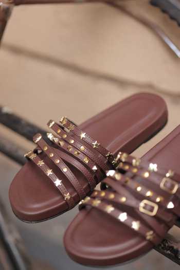 Tiesta_Brown Studded Multi-strap Slip-on Flats _Online_at_Aza_Fashions