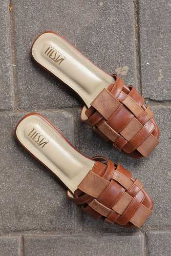 Tiesta Tan Brown Multi-Strap Slip-On Flats 