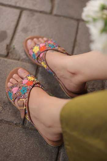 Tiesta_Multi Color Floral Hand Embroidered Criss-cross Flats _Online_at_Aza_Fashions