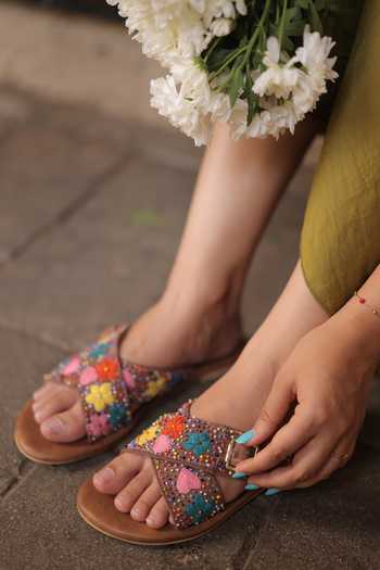 Buy_Tiesta_Multi Color Floral Hand Embroidered Criss-cross Flats _Online_at_Aza_Fashions