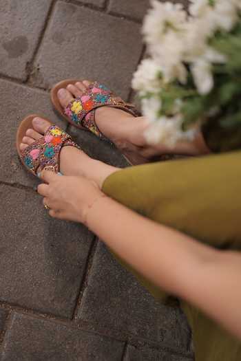 Shop_Tiesta_Multi Color Floral Hand Embroidered Criss-cross Flats _Online_at_Aza_Fashions
