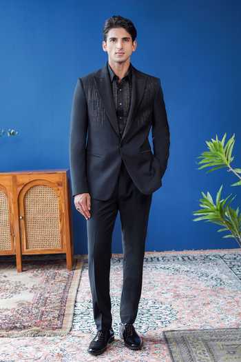 Shop_Philocaly_Black Wool Zari, Embroidery Noircrest Geometric Neem Tuxedo _Online_at_Aza_Fashions