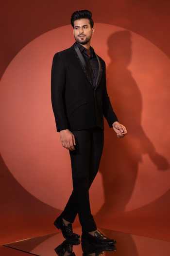 Yoseba_Black Polyester, Cotton Cut Work, Sequins Embellished Blazer And Trouser Set _Online_at_Aza_Fashions