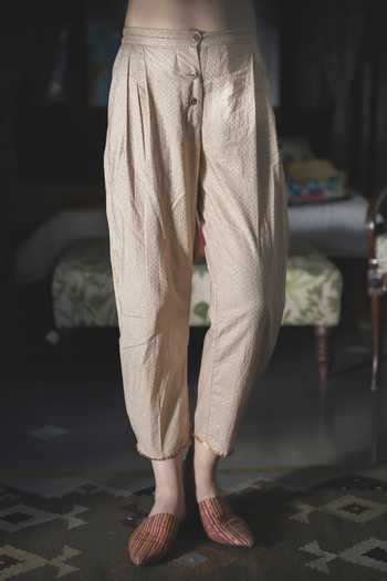 Swatti Kapoor_Gold Cotton Sequins, Foil Printing Kathika Pant _at_Aza_Fashions
