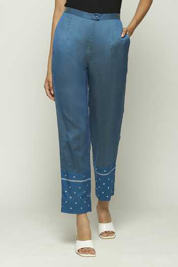 Buy_ABRAHAM AND THAKORE_Blue Silk, Cotton, Maheshwari Sequins Embellished Trouser 