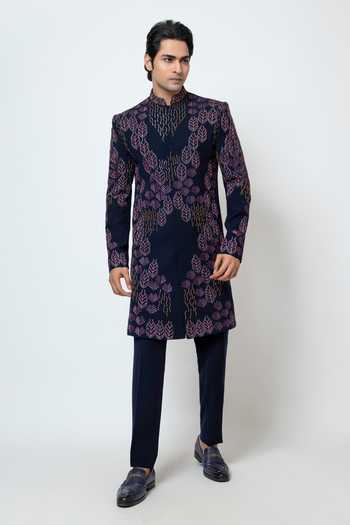 Yoseba_Blue Cotton Sequins French Knot Leaf Motif Achkan Set _Online_at_Aza_Fashions