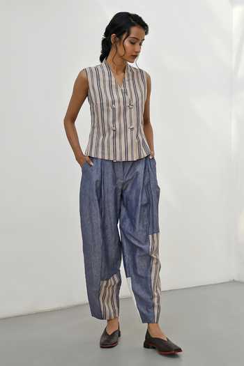 Buy_Payal Pratap_Blue Linen Embroidery Petra Carrot Patchwork Printed Baggy Pant _Online_at_Aza_Fashions