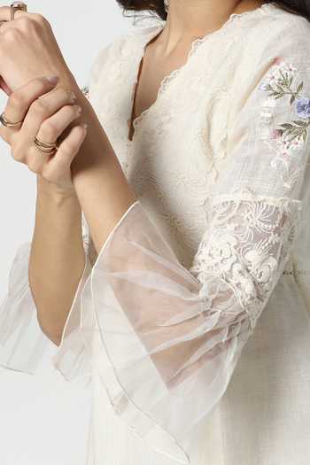 Shop_Kaveri_Off White Linen V-neck A Window To Eden Bed Roses Dress _Online_at_Aza_Fashions
