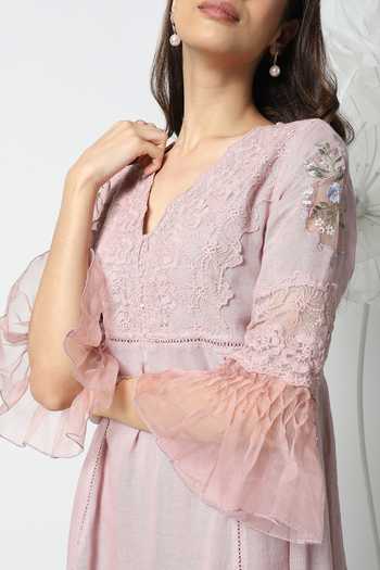 Buy Kaveri Pink Linen V-neck A Window To Eden Bed Of Roses Dress Online at Aza Fashions Buy_Kaveri_Pink Linen V-neck A Window To Eden Bed Of Roses Dress _Online_at_Aza_Fashions