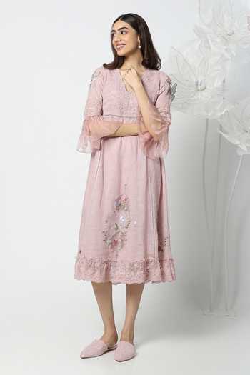 Shop Kaveri Pink Linen V-neck A Window To Eden Bed Of Roses Dress Online at Aza Fashions Shop_Kaveri_Pink Linen V-neck A Window To Eden Bed Of Roses Dress _Online_at_Aza_Fashions