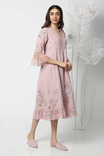 Kaveri Pink Linen V-neck A Window To Eden Bed Of Roses Dress at Aza Fashions Kaveri_Pink Linen V-neck A Window To Eden Bed Of Roses Dress _at_Aza_Fashions