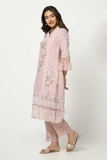 Buy_Kaveri_Pink Linen V-neck, Yes A Window To Eden Kurta Set _Online_at_Aza_Fashions