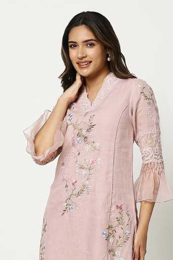 Shop_Kaveri_Pink Linen V-neck, Yes A Window To Eden Kurta Set _Online_at_Aza_Fashions