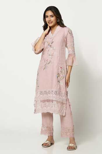 Kaveri_Pink Linen V-neck, Yes A Window To Eden Kurta Set _at_Aza_Fashions