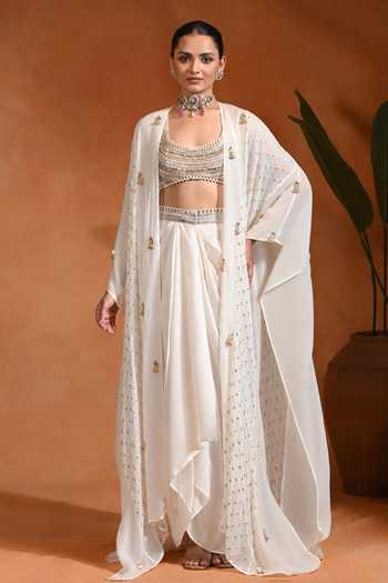 Rishi and Vibhuti Karl Embroidered Shrug Draped Skirt Set 
