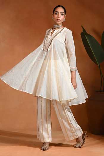 Rishi and Vibhuti_Ivory Cotton, Linen, Jacquard, Lurex Split V-neck Nazm Anarkali And Pant Set _Online_at_Aza_Fashions