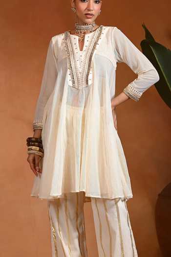 Buy_Rishi and Vibhuti_Ivory Cotton, Linen, Jacquard, Lurex Split V-neck Nazm Anarkali And Pant Set _Online_at_Aza_Fashions