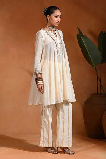 Shop_Rishi and Vibhuti_Ivory Cotton, Linen, Jacquard, Lurex Split V-neck Nazm Anarkali And Pant Set _Online_at_Aza_Fashions