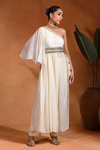 Rishi and Vibhuti Ivory Lurex, Viscose Georgette One Shoulder Moonlite Kurta And Pant Set Online at Aza Fashions Rishi and Vibhuti_Ivory Lurex, Viscose Georgette One Shoulder Moonlite Kurta And Pant Set _Online_at_Aza_Fashions