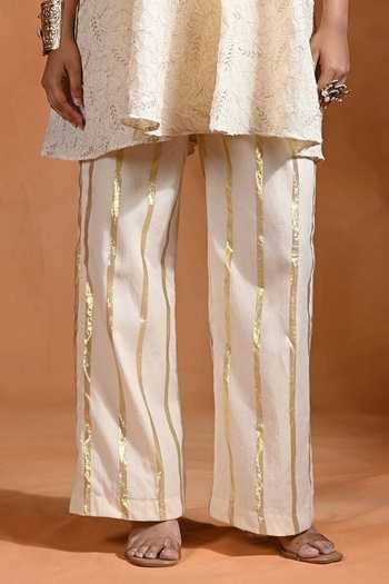 Buy_Rishi and Vibhuti_Ivory Cotton, Jacquard, Lurex Scoop Neck, Yes Antique Kurta And Pant Set _Online_at_Aza_Fashions