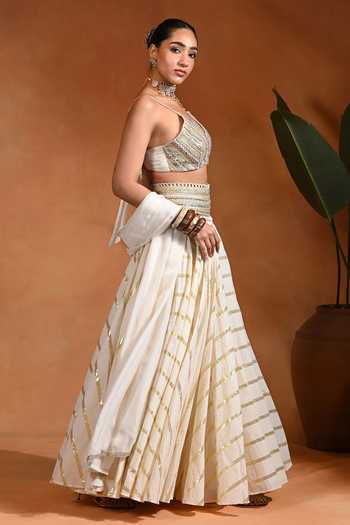 Rishi and Vibhuti Ivory Cotton, Organza, Jacquard, Lurex V-neck Zar Embroidered Lehenga Set Online at Aza Fashions Rishi and Vibhuti_Ivory Cotton, Organza, Jacquard, Lurex V-neck Zar Embroidered Lehenga Set _Online_at_Aza_Fashions
