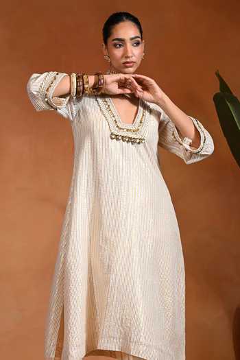 Buy Rishi and Vibhuti Ivory Cotton, Lurex V-neck Chaandni Striped Kurta And Pant Set Online at Aza Fashions Buy_Rishi and Vibhuti_Ivory Cotton, Lurex V-neck Chaandni Striped Kurta And Pant Set _Online_at_Aza_Fashions