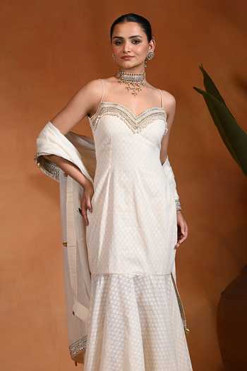 Rishi and Vibhuti_Ivory Cotton, Organza, Jacquard Sweetheart Embroidered Saaj Dress With Dupatta _Online_at_Aza_Fashions