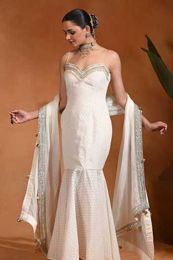 Shop_Rishi and Vibhuti_Ivory Cotton, Organza, Jacquard Sweetheart Embroidered Saaj Dress With Dupatta _Online_at_Aza_Fashions
