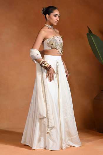 Rishi and Vibhuti_Ivory Silk, Organza, Dupion Bandeau Neck Dilbar Embroidered Blouse Lehenga Set _Online_at_Aza_Fashions