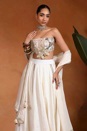 Buy_Rishi and Vibhuti_Ivory Silk, Organza, Dupion Bandeau Neck Dilbar Embroidered Blouse Lehenga Set _Online_at_Aza_Fashions