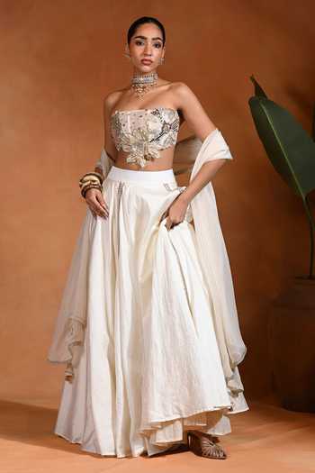 Shop_Rishi and Vibhuti_Ivory Silk, Organza, Dupion Bandeau Neck Dilbar Embroidered Blouse Lehenga Set _Online_at_Aza_Fashions