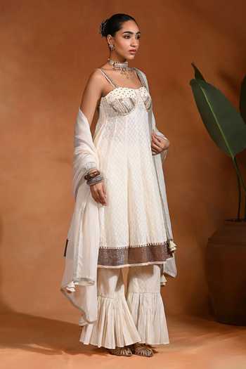 Rishi and Vibhuti_Ivory Cotton, Organza, Tissue, Jacquard Sweetheart Neck Iraa Woven Anarkali Set _Online_at_Aza_Fashions